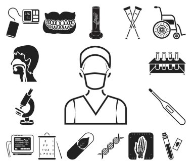 İlaç ve tedavi set koleksiyonu tasarım için simgeler siyah. Tıp ve ekipman sembol stok web illüstrasyon vektör.