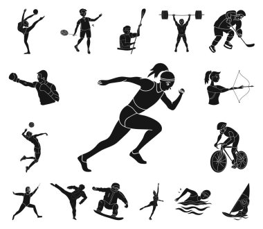 Spor çeşitleri set koleksiyonu tasarım için simgeler siyah. Atlet, yarışmalar sembol stok web illüstrasyon vektör.