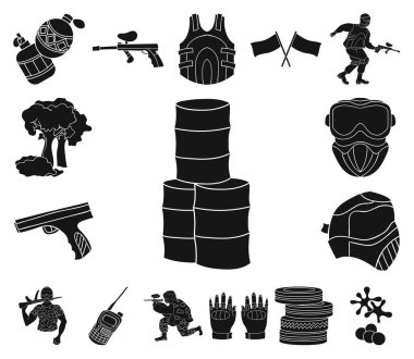 Paintball takım set koleksiyonu tasarım için oyun siyah simgeler. Ekipman ve kıyafet sembol stok web illüstrasyon vektör.