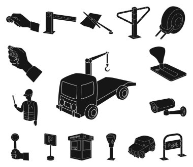 Arabalar için set koleksiyonu tasarım için siyah simgeler otopark. Ekipman ve hizmet vektör simgesi web illüstrasyon stok.