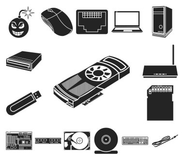 Set koleksiyonu tasarım için kişisel bilgisayar siyah simgeler. Ekipman ve aksesuarları sembol stok web illüstrasyon vektör.