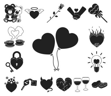 Set koleksiyonu tasarım için romantik ilişki siyah simgeler. Sevgi ve dostluk sembolü hisse senedi web illüstrasyon vektör.
