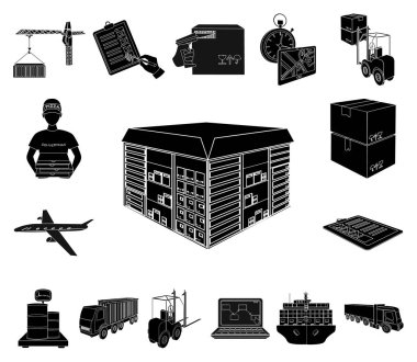 Lojistik ve teslim set koleksiyonu tasarım için simgeler siyah. Taşıtlar ve donatımı izometrik vektör simge stok web çizim.
