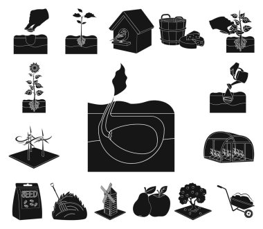 Set koleksiyonu tasarım için simgeler siyah çiftlik ve tarım. Bahçe ve bitki izometrik vektör simge stok web çizim.