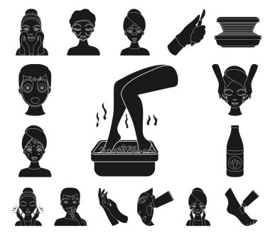 Set koleksiyonu tasarım için cilt bakım siyah simgeler. Yüz ve vücut sembol stok web illüstrasyon vektör.