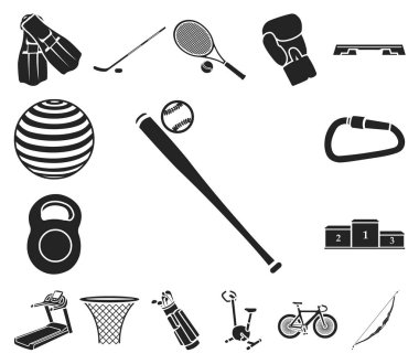 Spor çeşitleri set koleksiyonu tasarım için simgeler siyah. Spor ekipmanları vektör simge stok çizim.