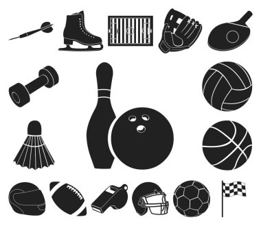 Spor çeşitleri set koleksiyonu tasarım için simgeler siyah. Spor ekipmanları vektör simge stok web çizim.