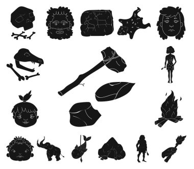 Set koleksiyonu tasarım için Taş Devri siyah simgeler hayatta. Eski insanlar sembol stok web illüstrasyon vektör.