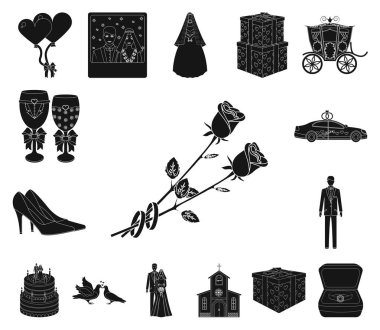 Düğün ve öznitelikleri set koleksiyonu tasarım için simgeler siyah. Sembol stok web illüstrasyon vektör yeni evliler ve aksesuarları.