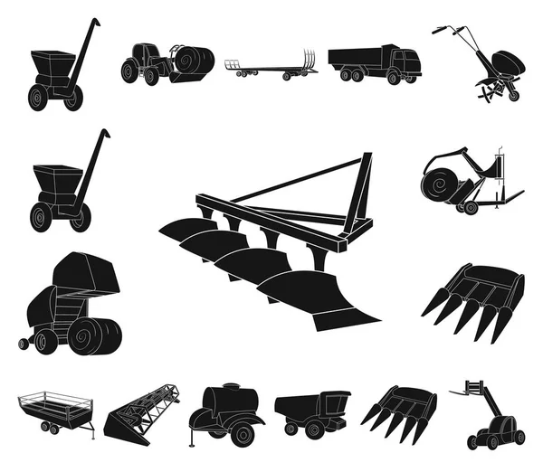 Jordbruksmaskiner svart ikoner i set insamling för design. Utrustning och enheten vektor symbol lager web illustration. — Stock vektor