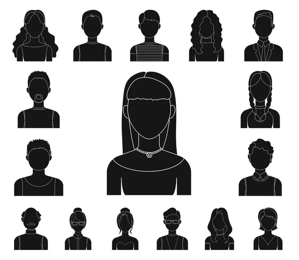 Avatar e face ícones pretos na coleção de conjuntos para design. Uma aparência de pessoas símbolo vetorial web ilustração . —  Vetores de Stock