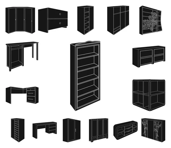 卧室家具黑色的图标集为设计集。现代木家具等距矢量符号股票 web 插图. — 图库矢量图片