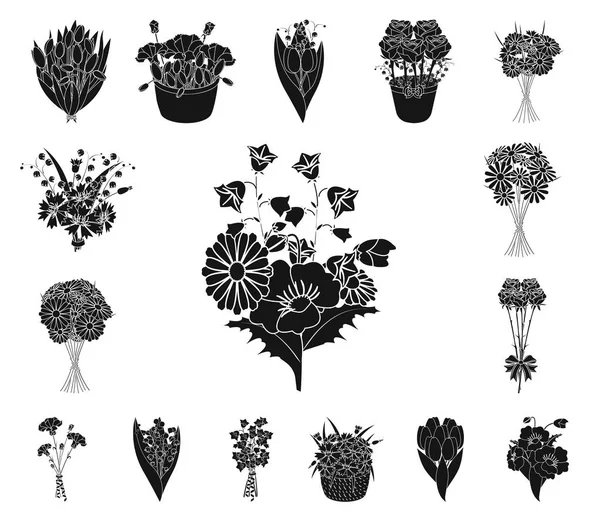 Ένα μπουκέτο από φρέσκα λουλούδια μαύρο εικονίδια στη συλλογή σετ για σχεδιασμό. Διάφορα μπουκέτα διανυσματικά εικονογράφηση σύμβολο μετοχής web. — Διανυσματικό Αρχείο