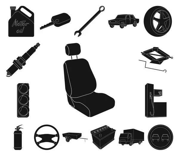 Carro, ícones de veículo preto na coleção de conjuntos para design. Ilustração web do símbolo do vetor do carro e do equipamento . — Vetor de Stock