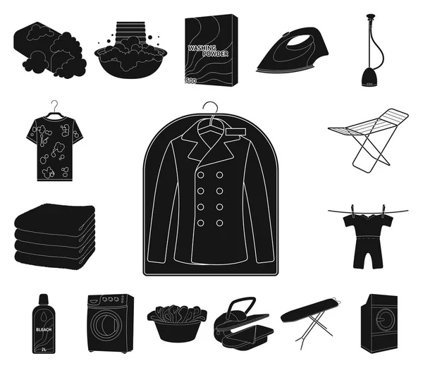 Stomerij apparatuur zwarte pictogrammen in set collectie voor design. Wassen en strijken van kleding vector symbool voorraad web illustratie. — Stockvector