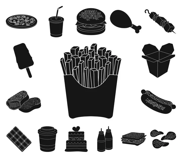 Fast Food schwarze Symbole in Set-Kollektion für design.food aus Halbfertigprodukten Vektor-Symbol Stock Web-Illustration. — Stockvektor