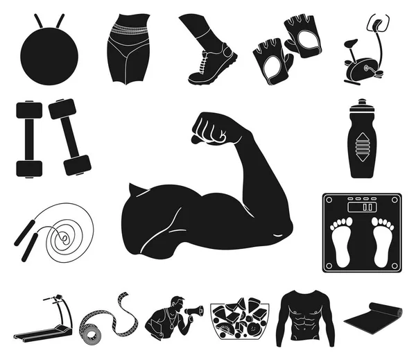 Fitness en kenmerken zwarte pictogrammen in set collectie voor design. Fitness apparatuur vectorillustratie symbool voorraad web. — Stockvector