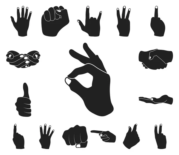 Mão gesto ícones pretos na coleção de conjuntos para o design. Palma e dedo símbolo vetor web ilustração . —  Vetores de Stock