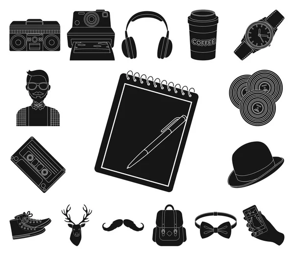 Estilo Hipster ícones pretos na coleção de conjuntos para design. Hipster Atributos e acessórios símbolo vetorial ilustração web . — Vetor de Stock