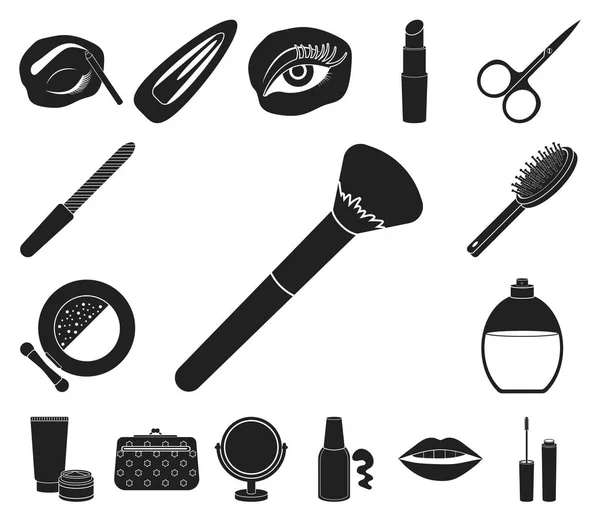 Makeup and cosmetics black icons in set collection for design. Makeup and equipment vector symbol stock web illustration. — Stock Vector