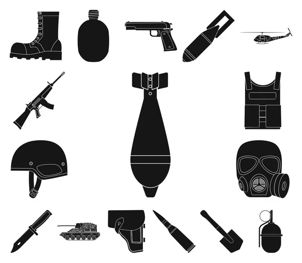 Exército e armamentos ícones pretos na coleção de conjuntos para design. Ilustração da web de estoque de símbolos vetoriais de armas e equipamentos . — Vetor de Stock