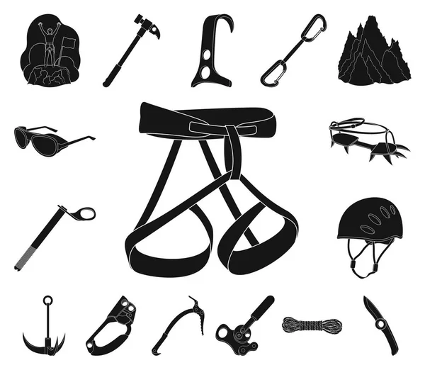 Bergsteigen und Klettern schwarze Ikonen in Set-Kollektion für Design. Ausrüstung und Zubehör Vektor Symbol Stock Web Illustration. — Stockvektor