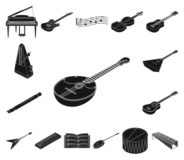 Musikinstrument schwarze Symbole in Set-Kollektion für Design. Saiten- und Blasinstrument isometrisches Vektor-Symbol Stock Web Illustration. — Stockvektor