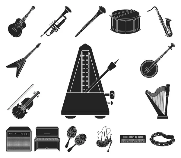 Instrumento musical ícones pretos na coleção de conjuntos para design. String e Wind instrumento vetor símbolo web ilustração . —  Vetores de Stock