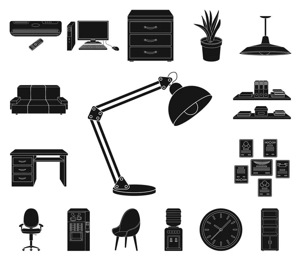 Interieur van de werkplek zwarte pictogrammen in set collectie voor design. Kantoor meubilair vectorillustratie symbool voorraad web. — Stockvector