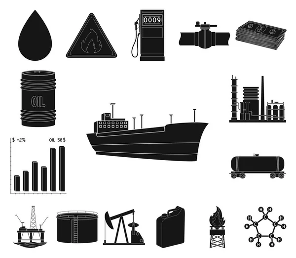 Ölindustrie schwarze Ikonen in Set-Kollektion für Design. Ausrüstung und Ölproduktion Vektor Symbol Stock Web Illustration. — Stockvektor