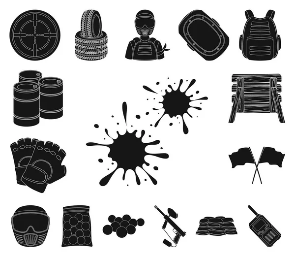 Paintball, team spel zwarte iconen in set collectie voor design. Uitrusting en outfit vector symbool voorraad web illustratie. — Stockvector