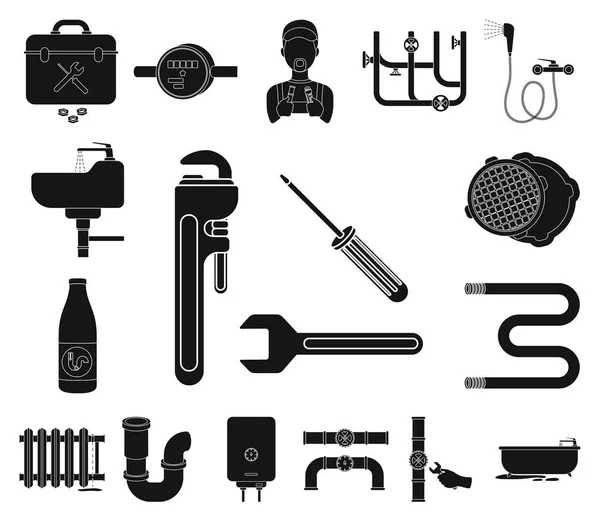 Plumbing, fitting black icons in set collection for design. Equipment and tools vector symbol stock web illustration. — Stock Vector