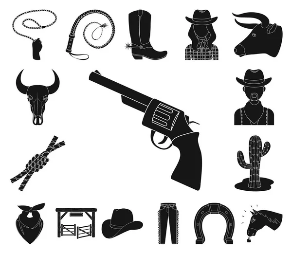 Rodeo, verseny fekete ikonok beállítása gyűjtemény a design. Cowboy és berendezések vektor szimbólum állomány honlap illusztráció. — Stock Vector