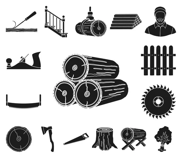 Sägewerk und Holz schwarze Ikonen in Set-Kollektion für Design. Hardware und Werkzeuge Vektor Symbol Stock Web Illustration. — Stockvektor