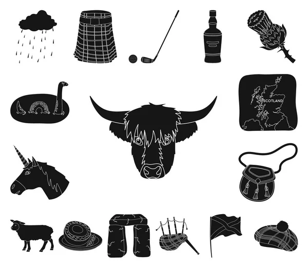 Land Schottland schwarze Symbole in Set-Kollektion für Design. Sightseeing, Kultur und Tradition Vektor Symbol Stock Web Illustration. — Stockvektor