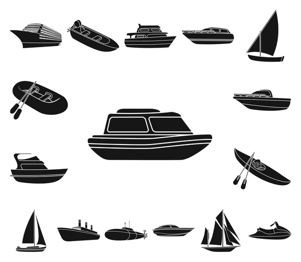 Iconos negros de agua y transporte marítimo en la colección de conjuntos para el diseño. Una variedad de barcos y barcos vector símbolo stock web ilustración . — Vector de stock
