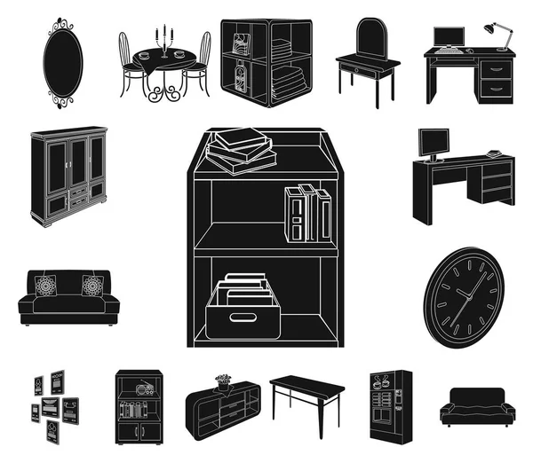 Meble i wnętrza ikony czarny w kolekcja zestaw do projektowania. Wyposażenie domu izometryczny symbol web czas ilustracja wektorowa. — Wektor stockowy