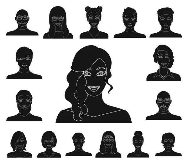 Avatar en gezicht zwarte pictogrammen in set collectie voor design. Een personen uiterlijk symbool voorraad web vectorillustratie. — Stockvector