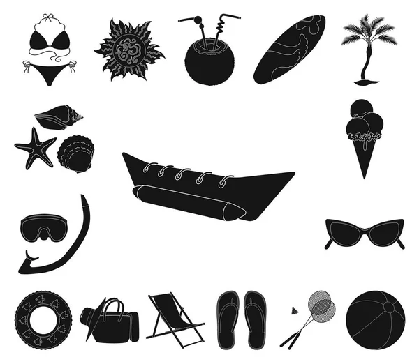 Descanso de verano iconos negros en la colección de conjuntos para el diseño. Playa accesorio vector símbolo stock web ilustración . — Vector de stock
