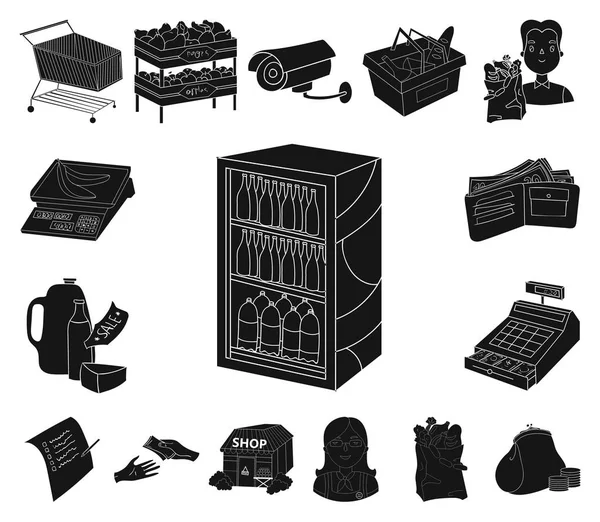 슈퍼마켓 및 장비 디자인에 대 한 설정 컬렉션 아이콘 블랙. 제품 벡터 기호 재고 웹 일러스트 레이 션의 구입. — 스톡 벡터