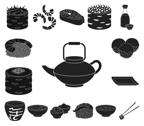 Sushi und Würze schwarze Symbole in Set-Kollektion für Design. Meeresfrüchte Lebensmittel, Zubehör Vektor Symbol Stock Web-Illustration. — Stockvektor