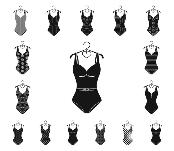 Verschillende soorten zwemkleding zwarte pictogrammen in set collectie voor design. Zwemmen accessoires vector symbool voorraad web illustratie. — Stockvector