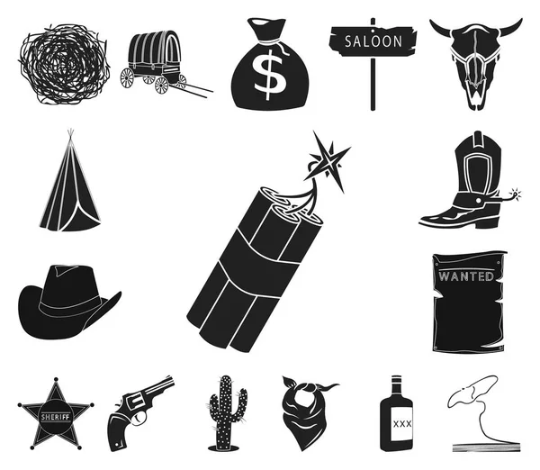Atrybuty ikony czarny dziki zachód w kolekcja zestaw do projektowania. Texas i Ameryce symbol web czas ilustracja wektorowa. — Wektor stockowy