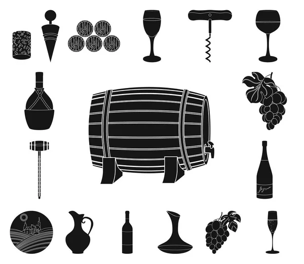 Prodotti vitivinicoli icone nere in collezione set per il design. Attrezzatura e produzione del simbolo del vettore del vino illustrazione web stock . — Vettoriale Stock