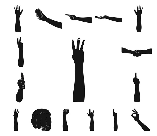Χειρονομίες και τη σημασία τους μαύρο εικονίδια στη συλλογή σετ για σχεδιασμό. Συναισθηματικό μέρος του εικονογράφηση απόθεμα web σύμβολο φορέα επικοινωνίας. — Διανυσματικό Αρχείο