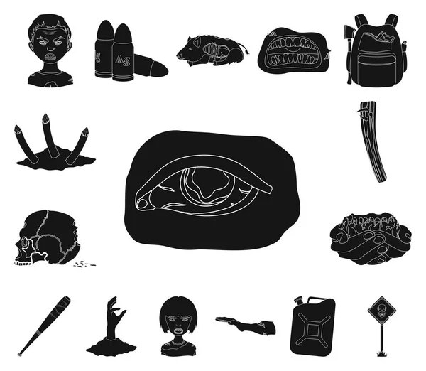 Zombik és attribútumok fekete ikonok beállítása gyűjtemény a design. Halott ember vektor szimbólum állomány honlap illusztráció. — Stock Vector