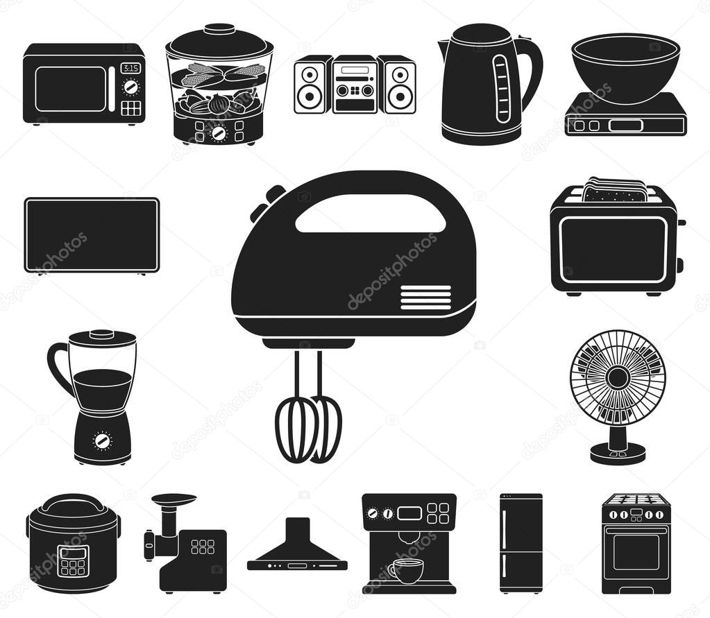 Types of household appliances black icons in set collection for design.Kitchen equipment vector symbol stock  illustration.