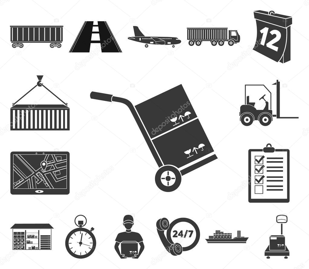 Logistics service black icons in set collection for design. Logistics and equipment vector symbol stock web illustration.