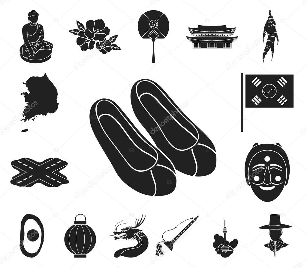 Country South Korea black icons in set collection for design.Travel and attraction vector symbol stock  illustration.