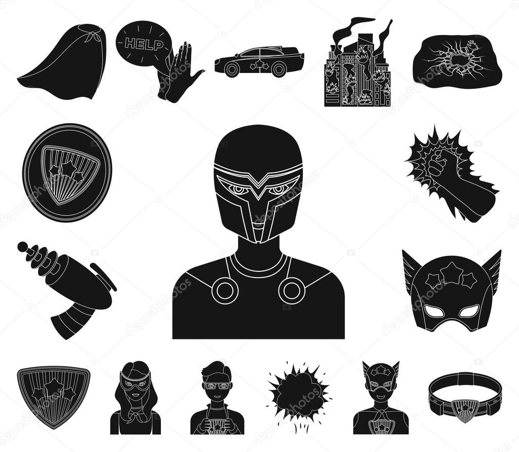 A fantastic superhero black icons in set collection for design. Superheros equipment vector symbol stock web illustration. A fantastic superhero black icons in set collection for design. Superheros equipment vector symbol stock web illustration.